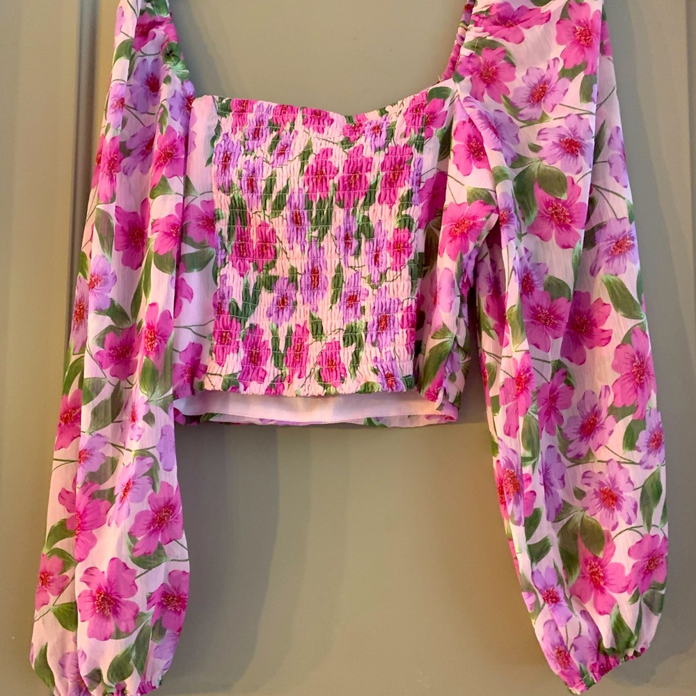Beautiful Pink Multicolored Crop Shirt with Sheer Sleeves.